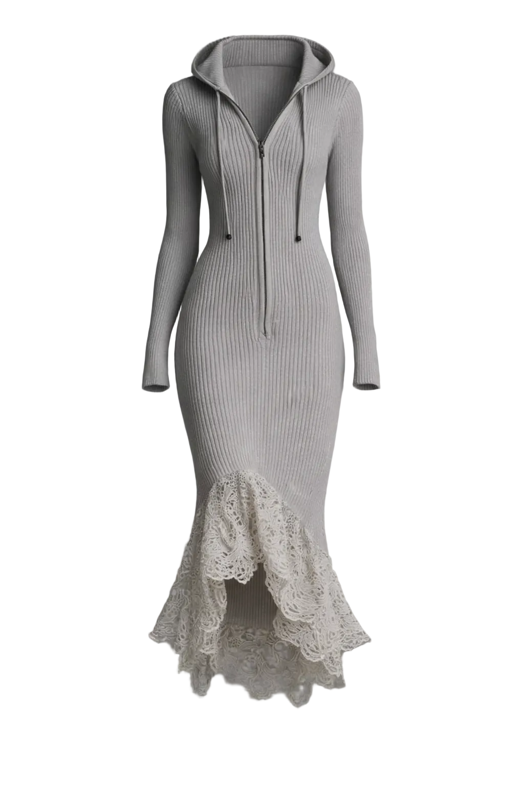 Hooded Ribbed Knit Lace Hem Midi Dress