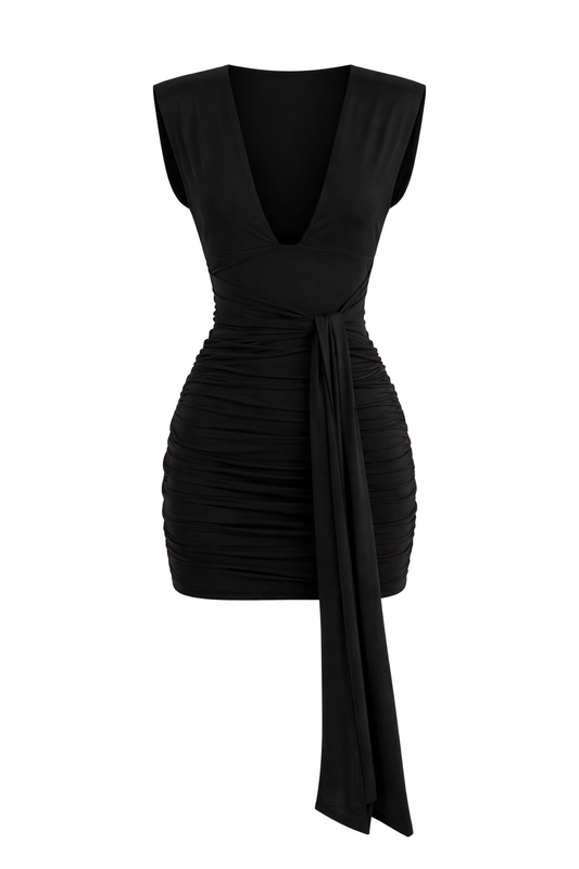 Black Tie waist Ruched Mini Dress