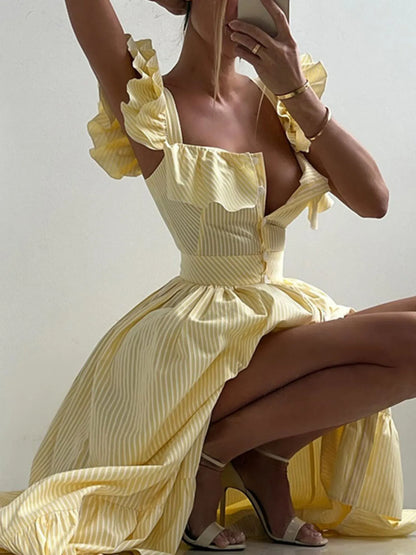 Ruffled Striped Square Neck Dress