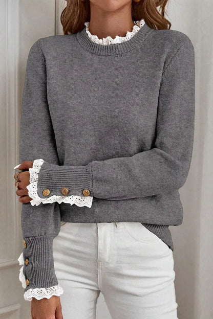White lace trim Grey sweater