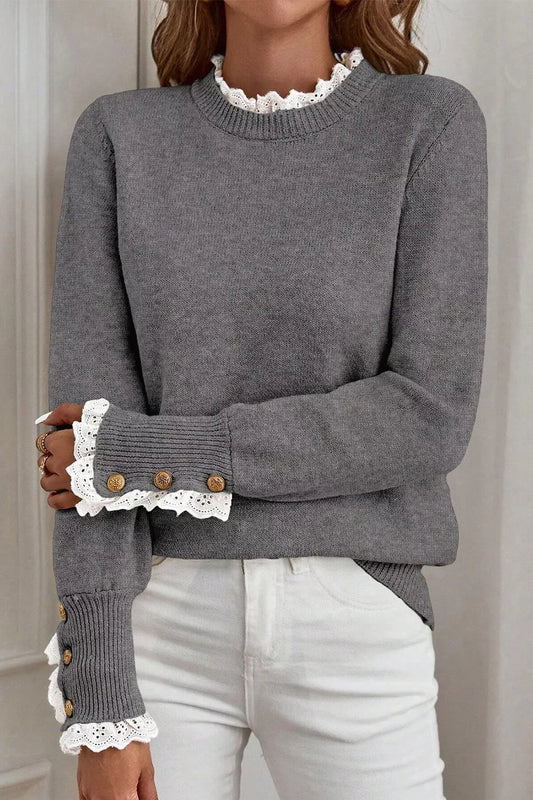 White lace trim Grey sweater