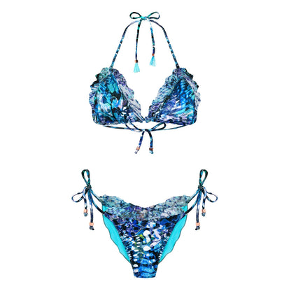 Boho Style Ruffle Bikini Top Blue Butterfly Carmen