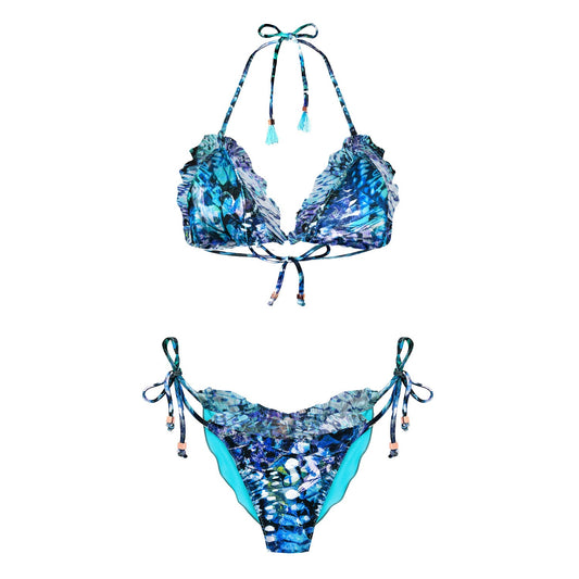 Boho Style Ruffle Bikini Top Blue Butterfly Carmen