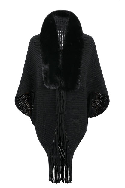 Fur trim shawl in black 