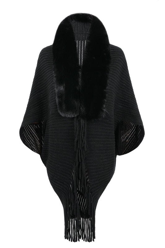Fur trim shawl in black 