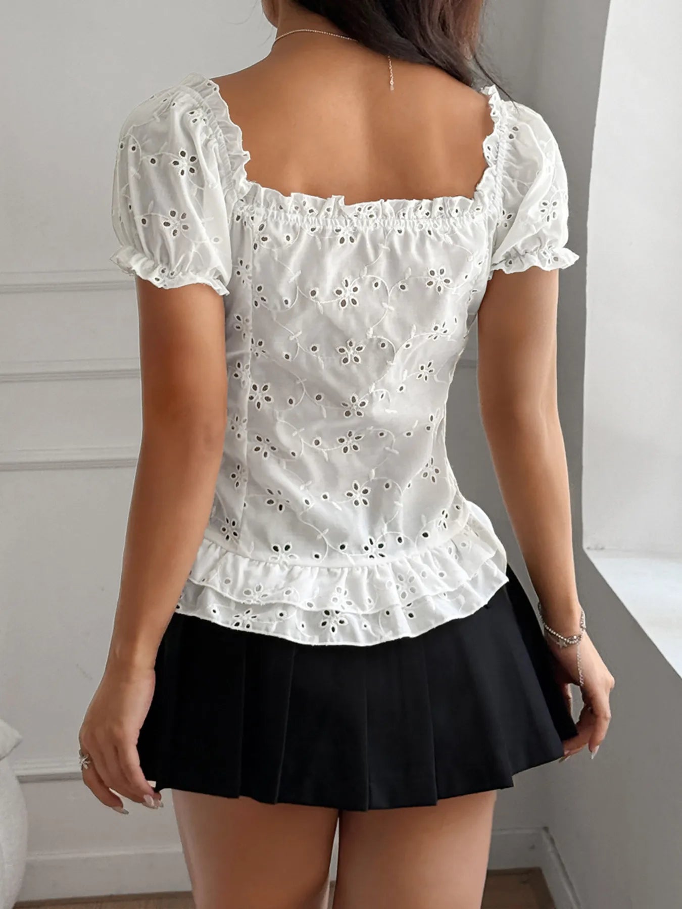 Eyelet Lace Short Sleeve Blouse