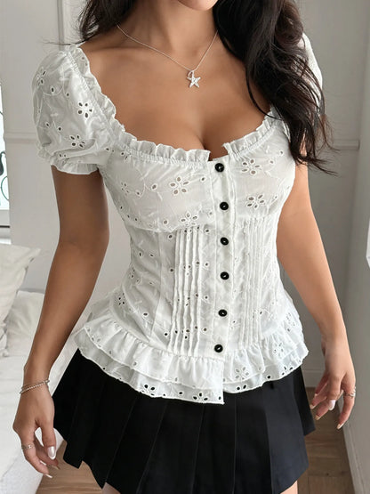 Eyelet Lace Short Sleeve Blouse